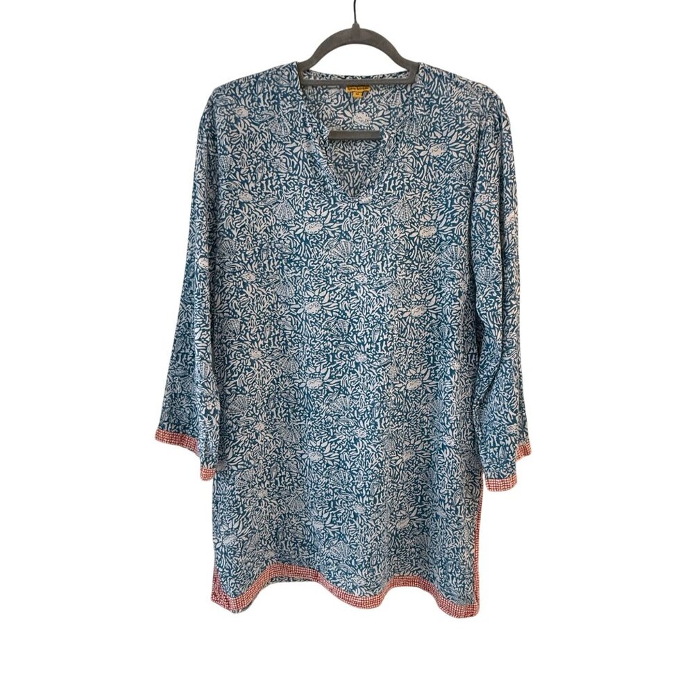 Roberta Roller Rabbit Blue Printed Tunic Kurta Top 3/4 Sleeves V-Neck Womens M